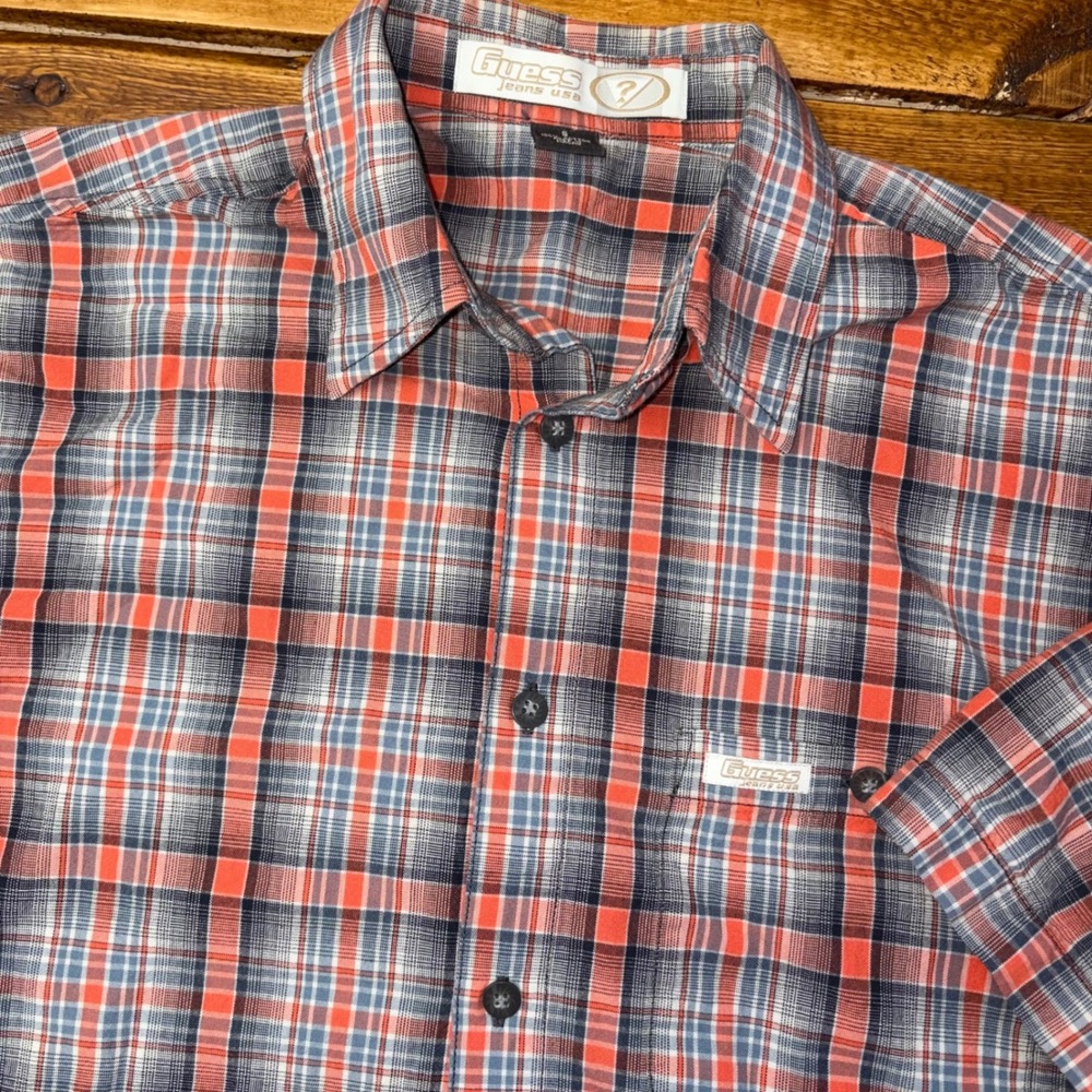 Vintage Guess Jeans USA Shirt Mens Small Orange Blue Plaid Button Up Y2K 90s